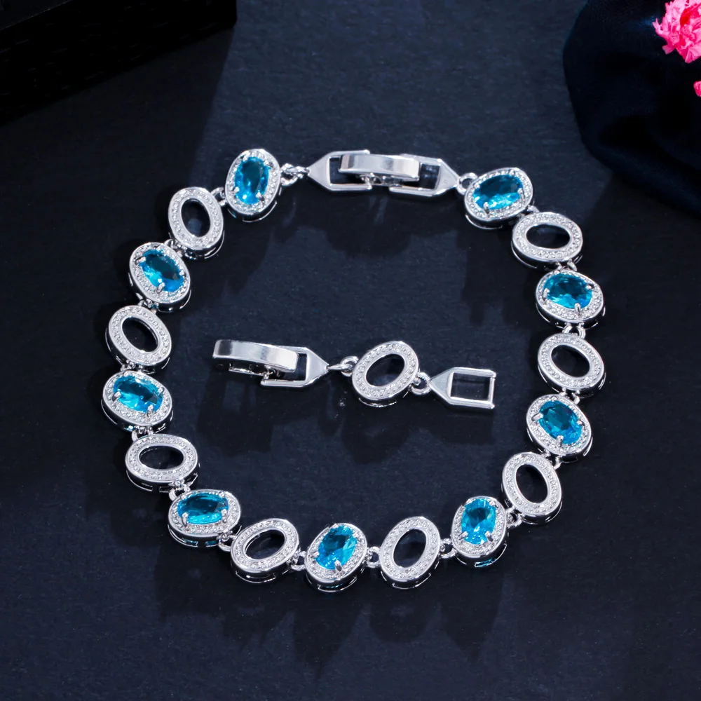 2022 New Trendy Oval Cut Light Blue Cubic Zirconia Crystal Round Chain Party Bracelets for Women Wedding Engagement