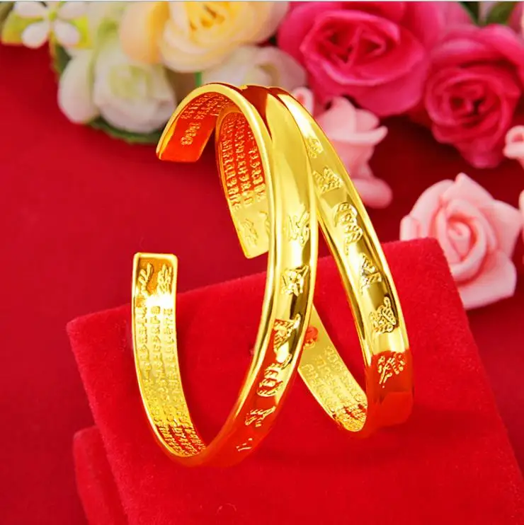 

opening bracelet Gold plated bracelet Shiny heart sutra women bracelet 24k gold bangle Free shipping wedding jewelry gift