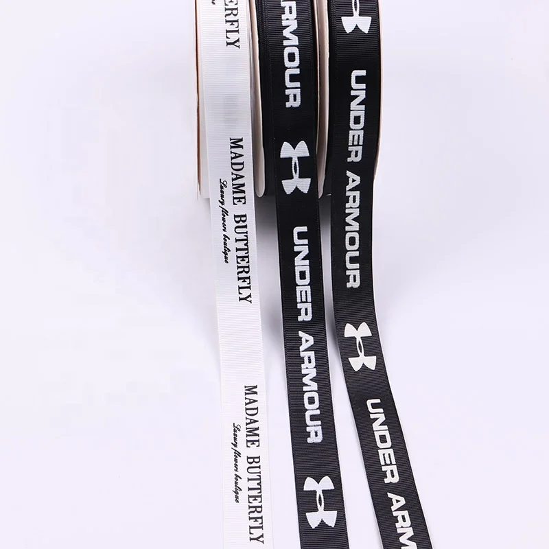 

Wholesale White Printing with Logo 2.5cm Gift Wrapping Custom Black Grosgrain Webbing Decoration Ribbon Roll