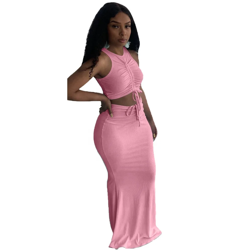 

MT44-3278 2021 wholesale draped lace up ribbed crop casual maxi dresses summer two piece skirt set for women clothing sets