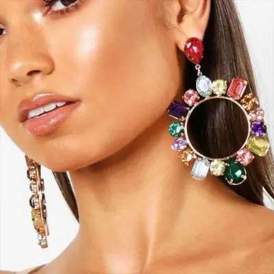 

Fashion women Luxury crystal drop earrings for women big colorful statement earrings large rhinestone hoop earrings party gifts, Black, pink, multicolor