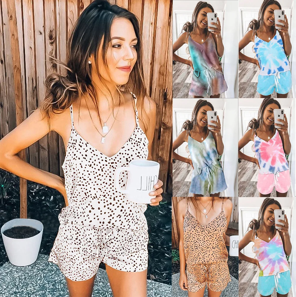 

wholesale Summer home pajamas women two piece pants set new print dot sling split underwear female