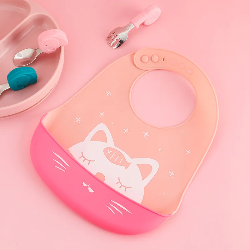 

Custom High Quality Food Grade Soft Waterproof Silicone Baby Bib With Food Catcher, Pink/blue/red/gray or customized