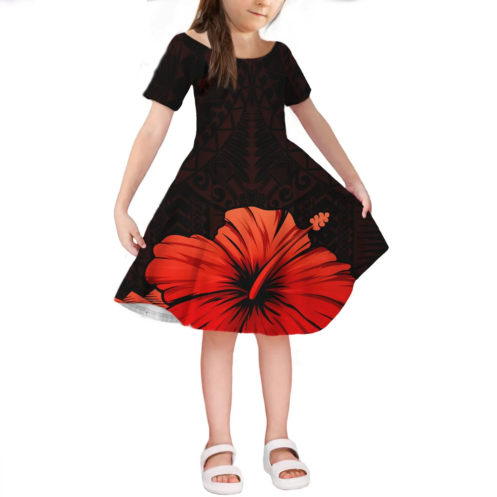 

Kids Designers Clothes Dresses Hawaiian Hibiscus Monstera Polynesian Off Shoulder Short Sleeve Summer Party Dresses Girl for 10, Customized color