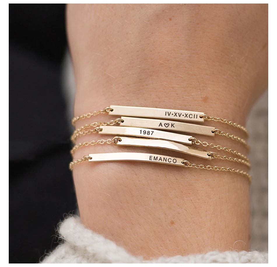 

eManco Minimalist personalized engraved bracelet custom 14K gold stainless steel bar bracelet for best friend & girlfriend gift, Silver / gold / rose gold