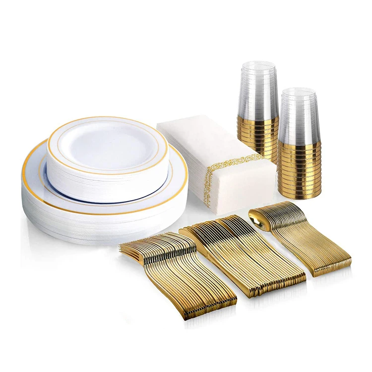 

175 Piece Wedding Birthday disposable plastic plates rose gold dinnerware set, Customized