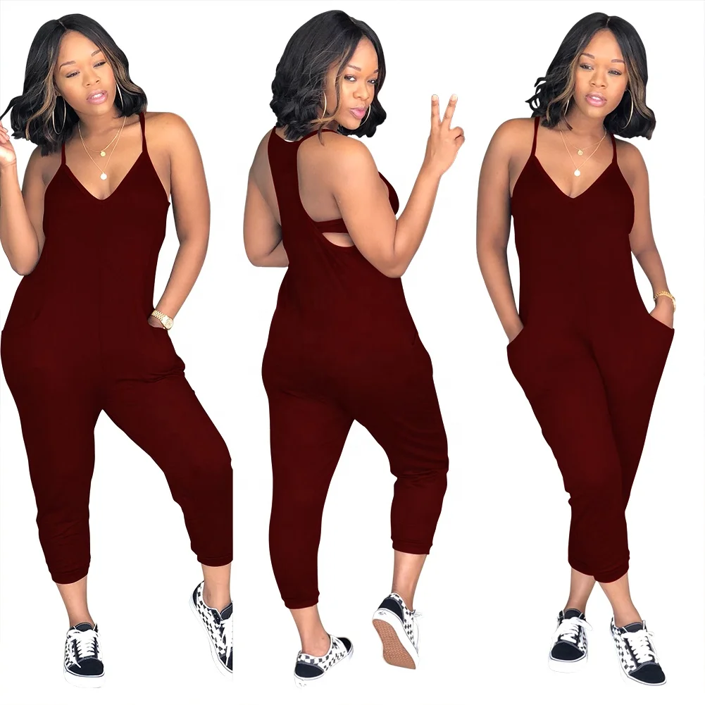 

2021 New Women's V-neck Casual Sling One-piece Pants Jumpsuit with Pockets