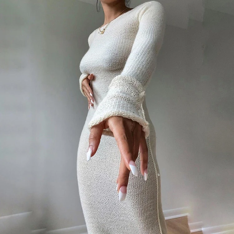 

Autumn New Arrivals Crew Neck Solid White Long Sleeves Ladies Knitting Elegant Fall Maxi Dresses Cheap Casual Women Dress, White,green,black,deep gray