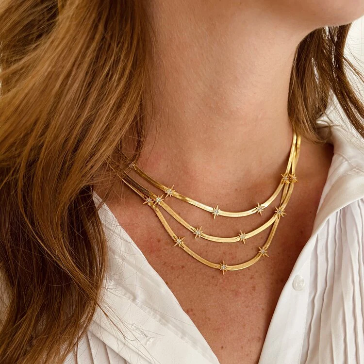 

Chain women choker 18k gold rhoidum high quality fashion jewelry cz starburst star charm herringbone chain necklace, Customized