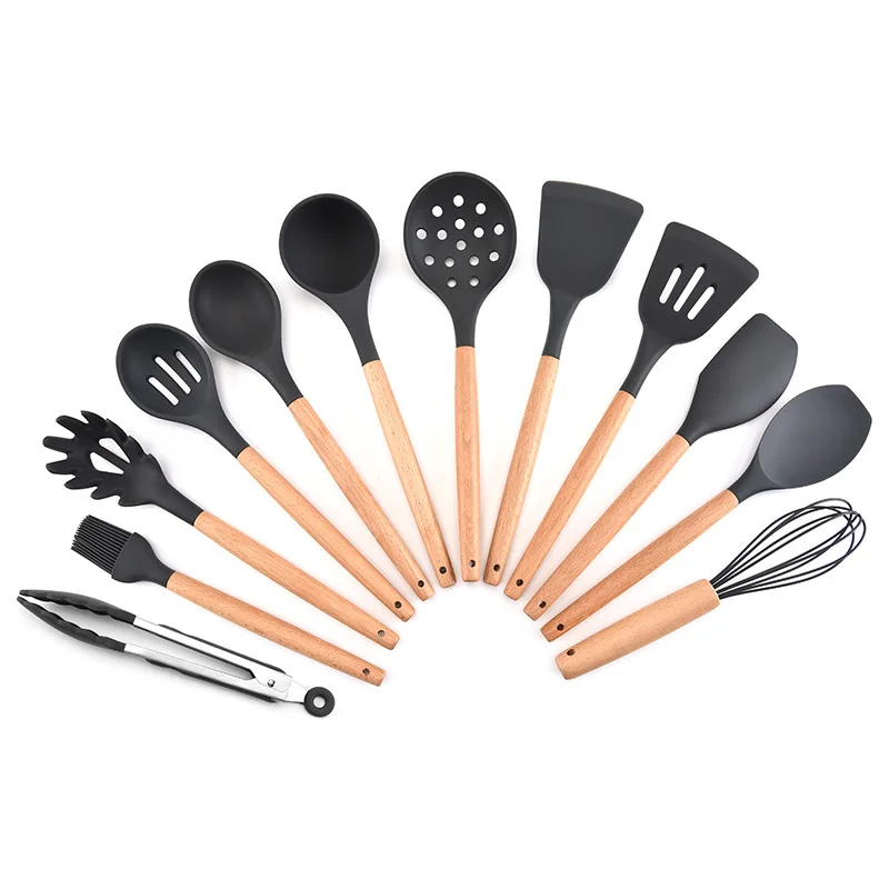 

Silicone Cooking Utensils Kitchen Utensil Set 12 Pieces Natural Wooden Handle Cooking Tools Promote Turner Tongs Spatula Spoon, Customized