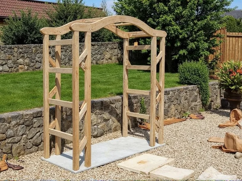 Garden arch post installation with gravel base and concrete