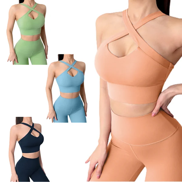 

Seamless 2 Piece Short Yoga Sets Candy Colour Cross Sports Bra High Waist Leggings Gym Fitness Women Yoga Suits, Picture shows