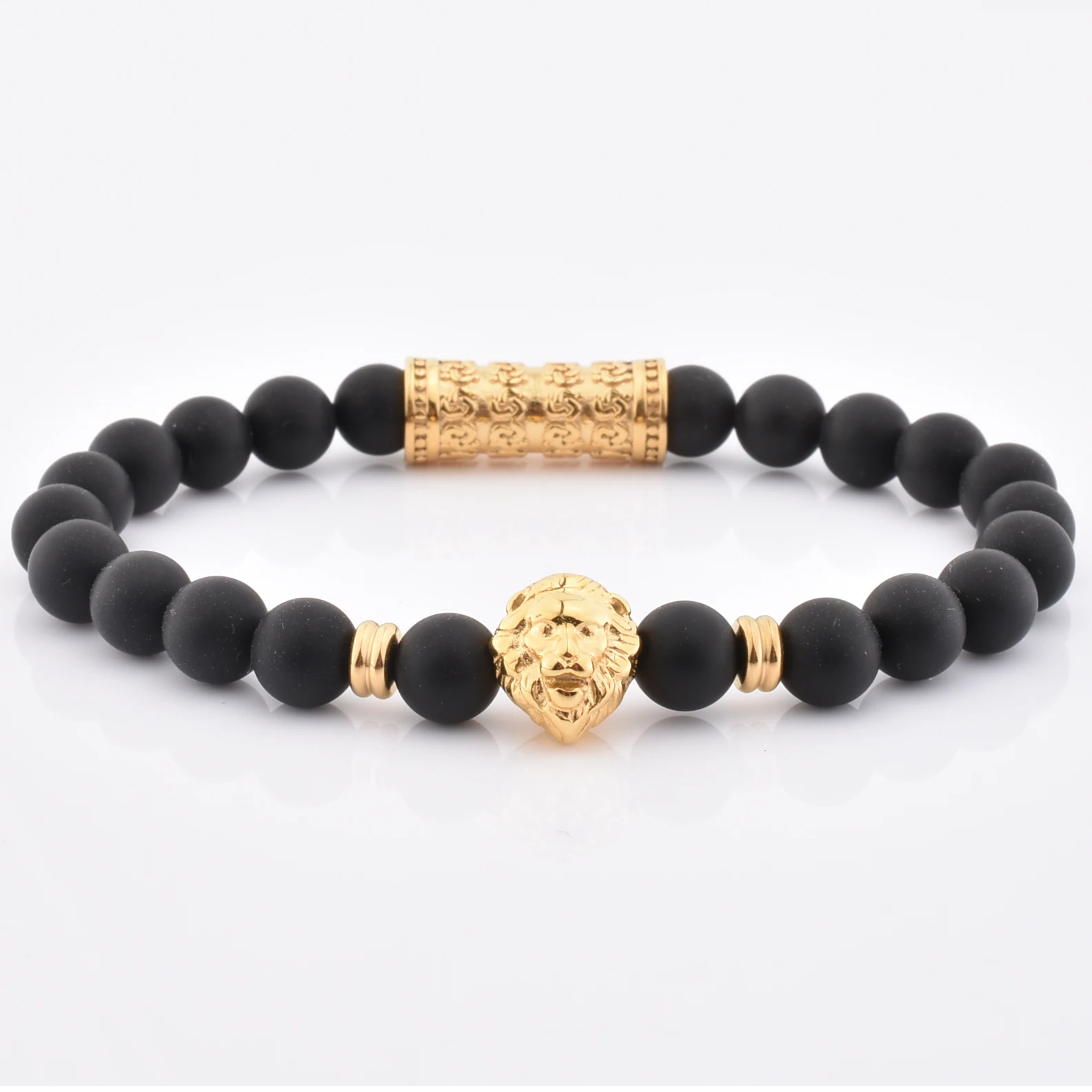 

Lion Head Jewelry Small Natural Gemstone Matt Black Beaded Stretched Bracelet
