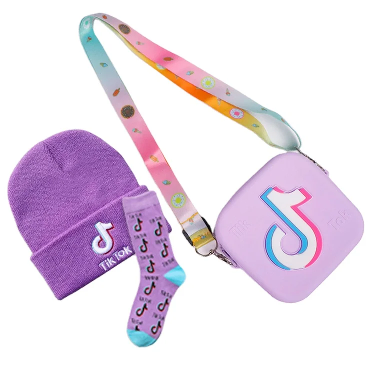 

Hot Selling Cartoon Tiktok Pattern Square Bags Coin Purses For Girls Socks Matching Mini Silicon Tik Tok Purse And Hat Set