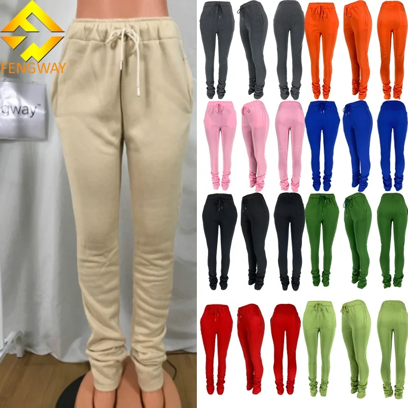 

XS-3XLwinter thick clothing For Women pocket flare legging sweatpants with ruched sides tight stacked joggers pants, White, yellow, gray, green, black, pink, blue