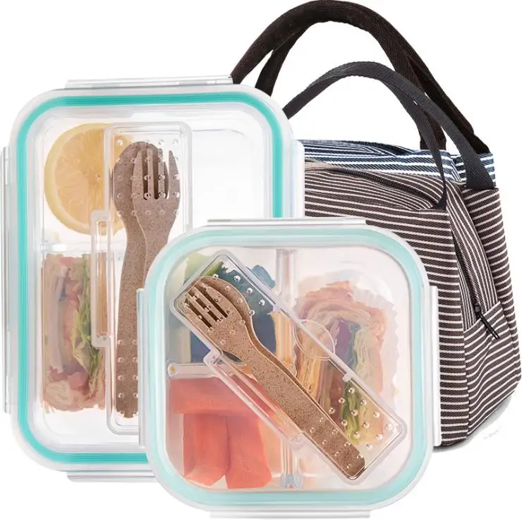 

Microwave Eco Friendly Leak Proof Glass Meal Prep BPA Free Plastic Lid Storage Glass Food Container Lunch Box with Flatware Set
