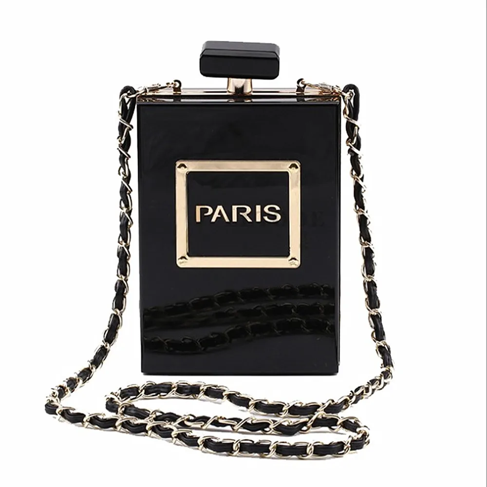 

2020 elegant color perfume bottle fashion personality creative dinner women's bag One shoulder straddle chain mobile phone bag, Black,white,golden,silvery,blue