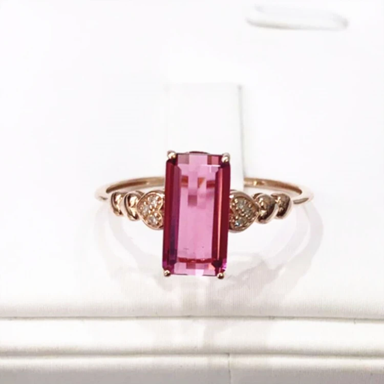 

Factory Wholesale Simple Fine Jewelry Gemstone 5x9.5mm Natural Pink Tourmaline 18k Rose Gold Ring For Women