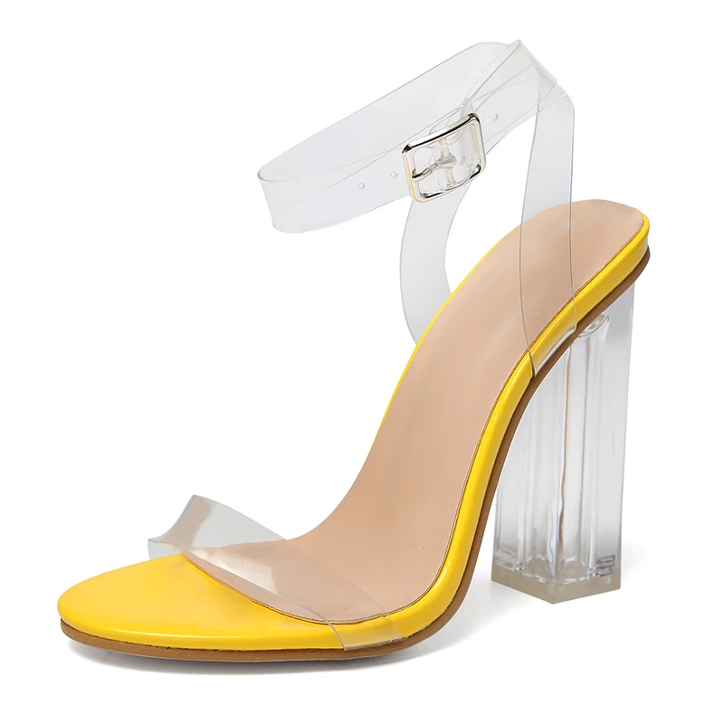 

2021 Wholesale Korean Summer Fashion PVC Clear Transparent block heel glass high heel shoes Pump Women's Sandals, Yellow