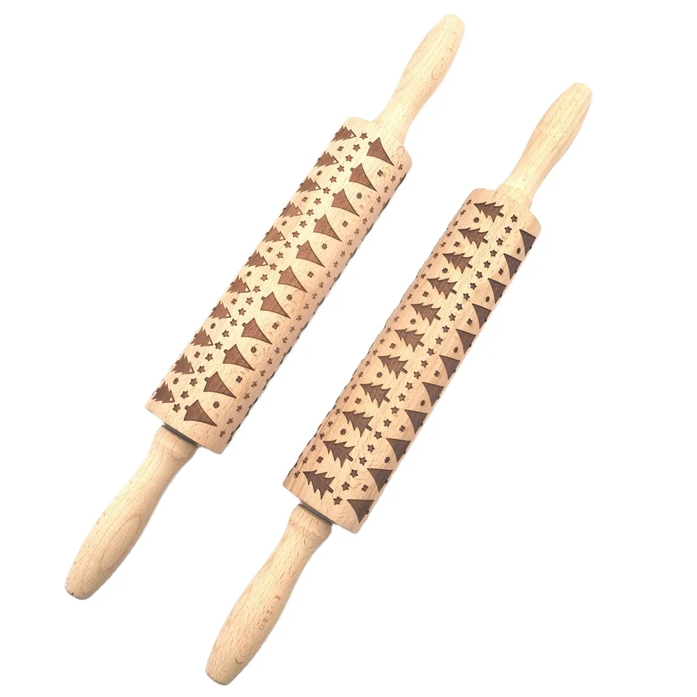 

Christmas tree wooden embossing rolling pin with cookie embossed tree pattern, Natural