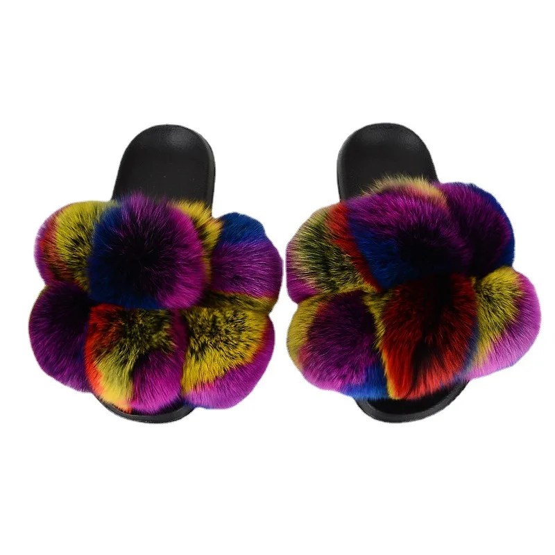

free shipping Ladies Colorful Fur Slippers Plush Faux Wholesale Fur Slippers Women Fox Furry Fluffy Sandals Slippers Fur Slides, Picture