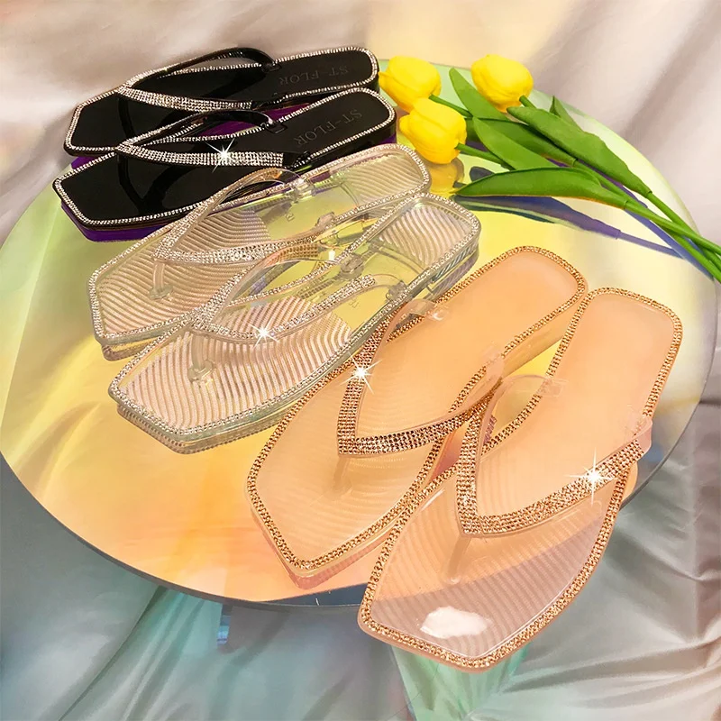 

2021 New Color Diamond Square Head Crystal Flip-flops For Women Outwwear Slippers