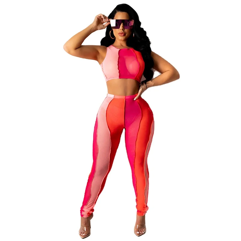 

2021 new arrivals summer designs women mesh crop top with full length casual pants set