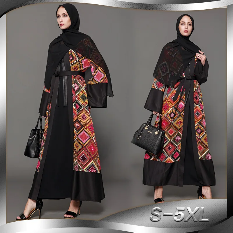 

Muslim print retro cardigan dress in contrasting colors