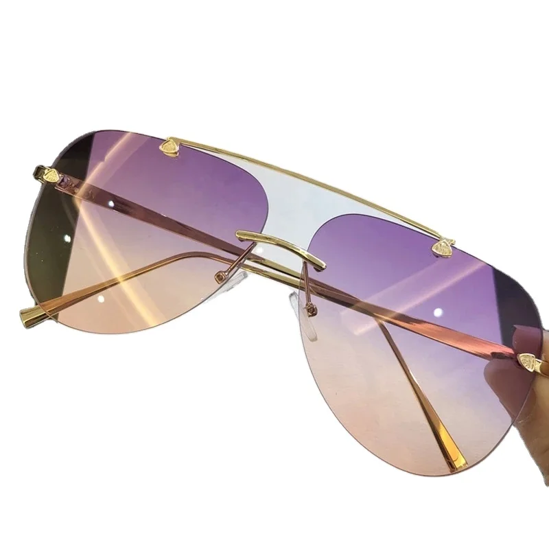 

2021 Vintage Oval Lens Big Frame Shades Sunglasses Women Rimless Aviation Pilot Brand Gradient Summer Eye Glasses