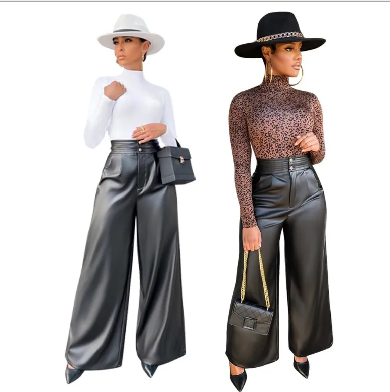 

D8411 2021 winter fall women clothing ol office ladies high waisted pu leather wide leg pants