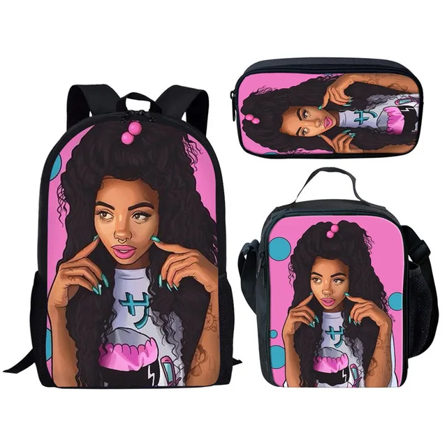 

Black Art Afro Lady Girls School Bags Kids 3pcs School Bag Set Children Preppy Bookbags Students School Rucksack, Customized
