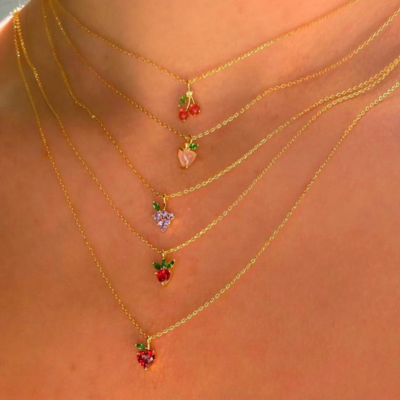 

2020 New Design Wholesale 18K Gold Plated Colorful Zircon Sweet Cherry Strawberry Cherry Fruit Pendant Charm Clavicle Necklace