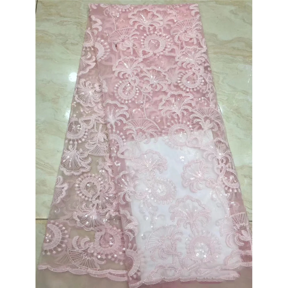 

Beautifical sequins baby pink french lace plain pink fabric ML1N1895, Customized