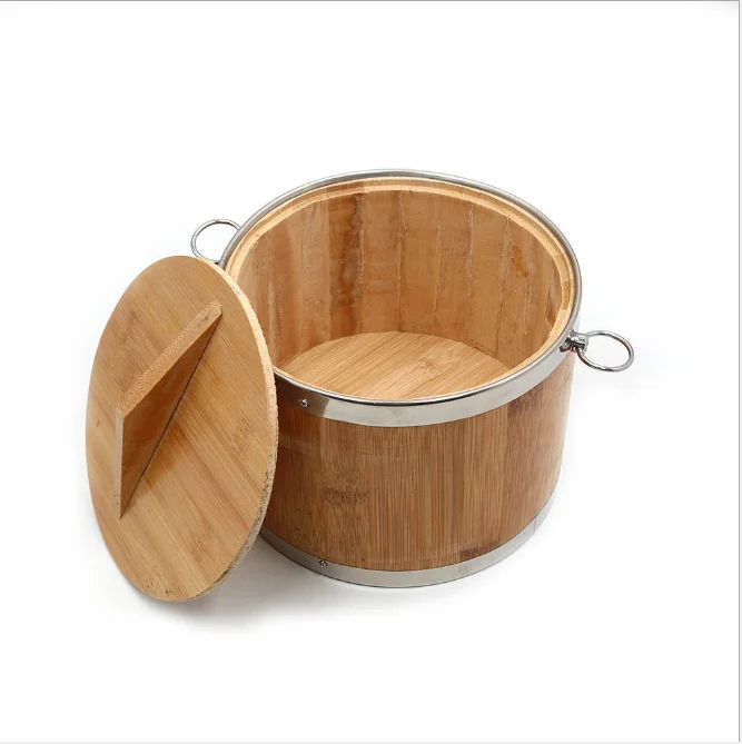 

Bamboo container with stainless steel ear for rice or food, Natural color