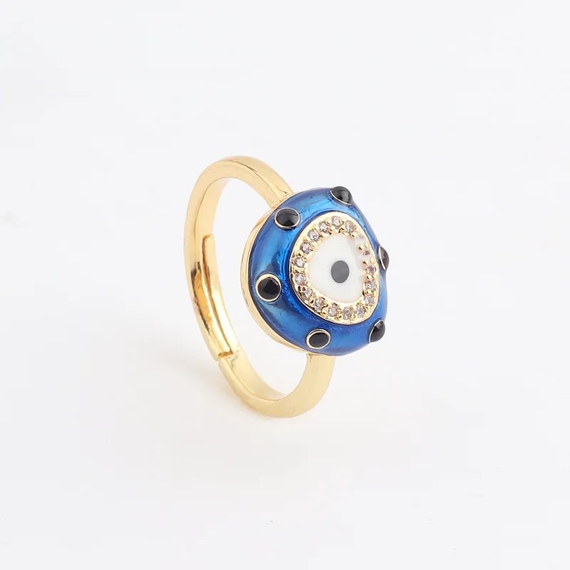 

New Arrival Adjustable CZ Zircon Geometric Opening Ring 18K Gold Plated Blue Resin Enamel Evil Eyes Finger Rings For Female