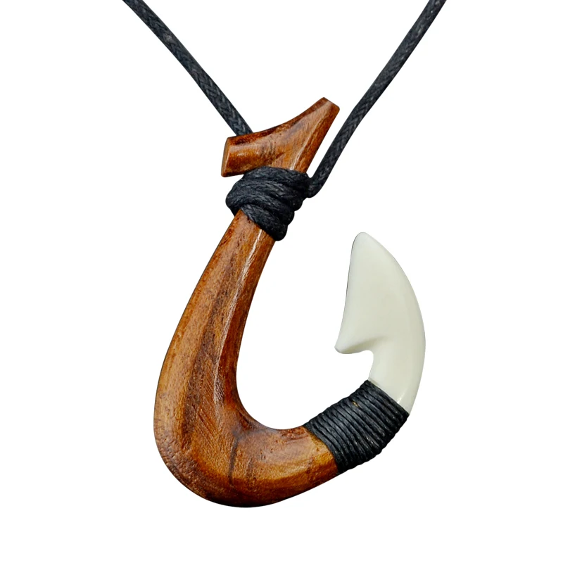 

GX060 New Zealand Maori pendant Primitive tribes jewelry Handmade Carved wood fish Hook necklace yak bone necklaces for surfing, Ivory white