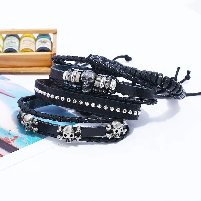 

New viking multiple skull wristbands DIY couple gifts unisex braided leather bracelets set, As picture