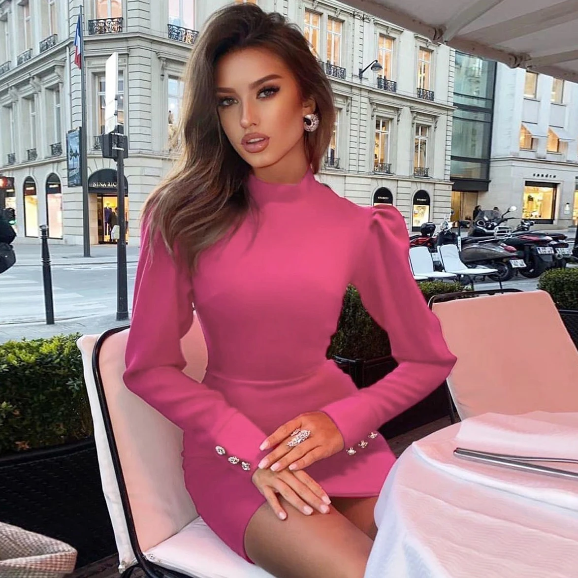 

Custom Rose Turtleneck Long Sleeve Stylish Sexy Dress Vestido De Gala Women Fashion Clothes Styles Vetement Bandage Dresses