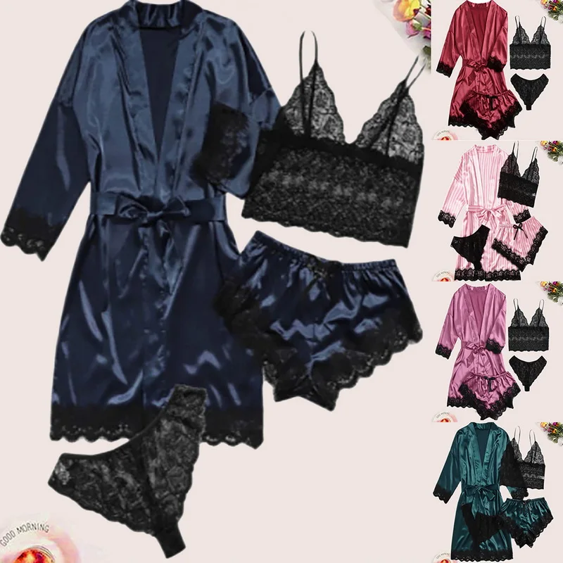 

Women Lace Lingerie Set With Belted Robe 4 Pcs Ladies Satin Pajamas Sexy Night Wear Shorts Sets Night Robes, Picture shows