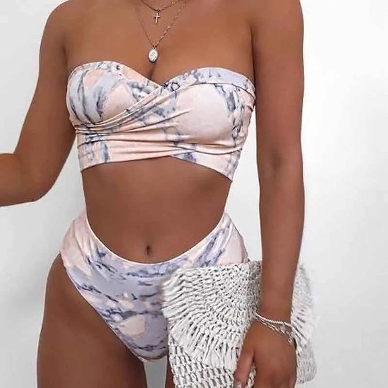 

Hot Sell Sexy Marble Print Bandeau Swimwear High Waist Cover Up Swimsuit Bathing Suits For Women Luxury