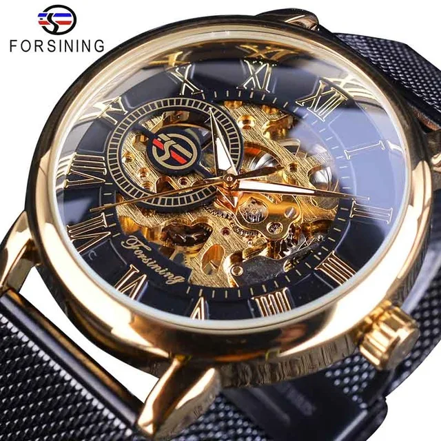 

Fashion Design Skeleton Sport Mechanical Watch Luminous Hands Transparent Mesh Bracelet For Men Forsining Watch