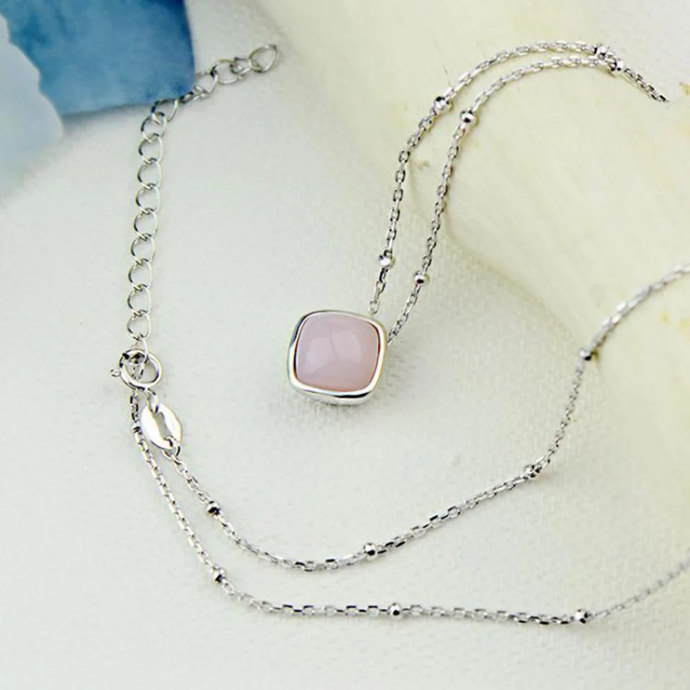 

Real 925 Sterling Silver Jewelry Natural Aquamarine Stone Pendant Choker Necklace Chain For Women Pink Color square Shape