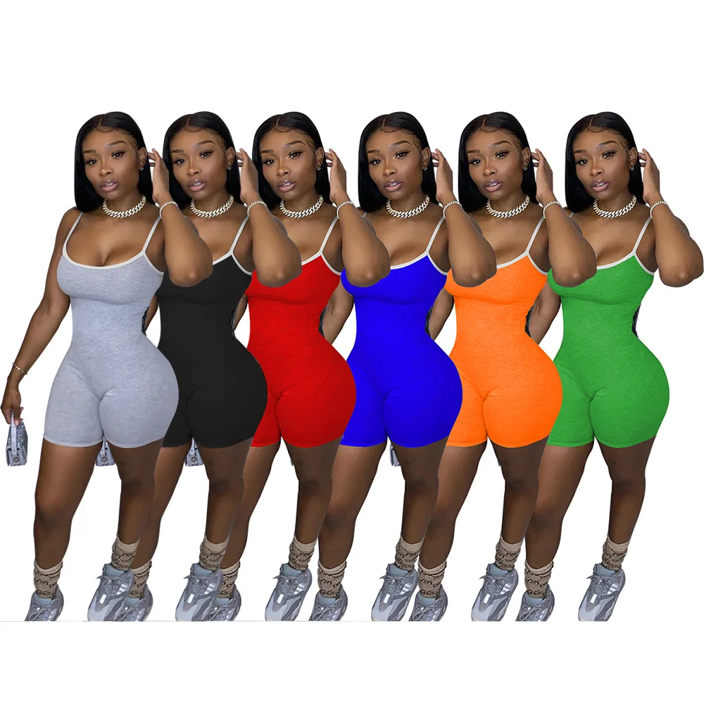 

spaghetti straps solid color one piece romper short jumpsuit, Gray, black, red, blue, orange, green