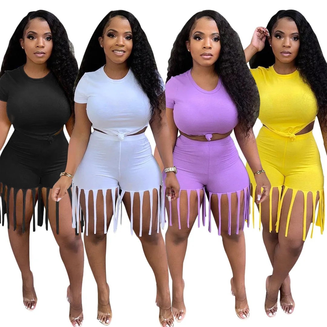 

Women's summer tassel shorts suit casual sports two-piece set