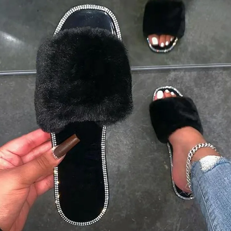 

2021 Slippers European And American New Style Flat-bottomed Rhinestones Plush Slippers One-word Plush Plus Size Foreign Trade, Red, black,light blue, apricot