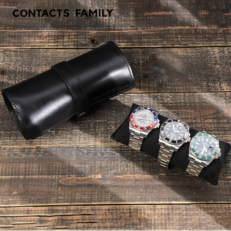 

CONTACT'S FAMILY Luxury Cow Leather Travel Watch Case Holder 3 Slots Watch Display Box Watch Roll, Coffee