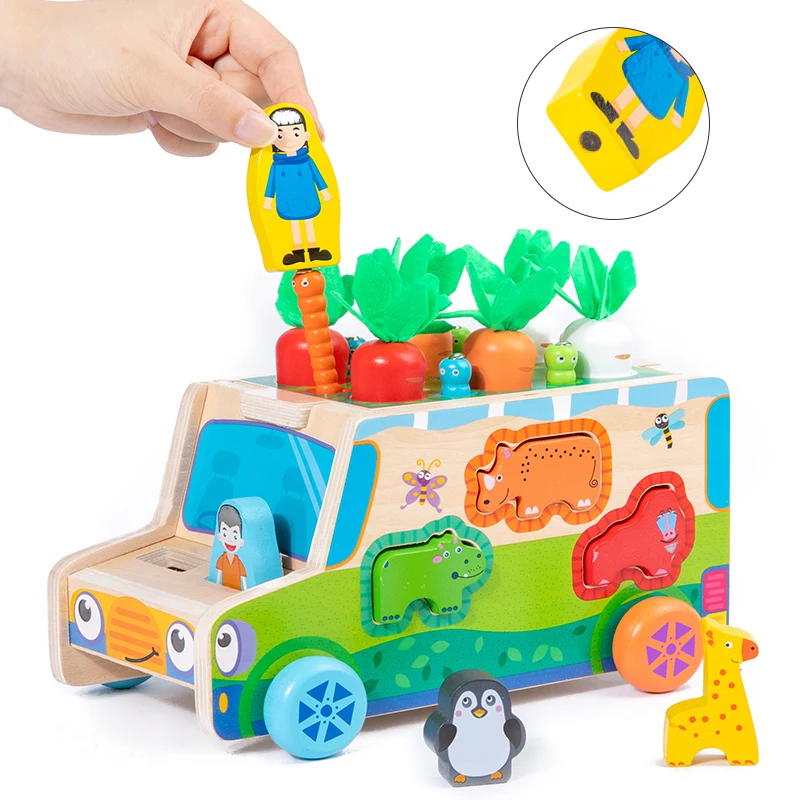 

Montessori school bus 3 in 1 catching radish educational toy wooden safe enlightenment preschool toys for kids boys and girls