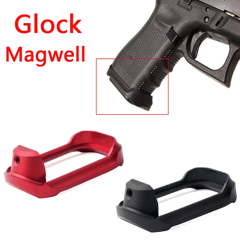 

Funpowerland Tactical Aluminum CNC Glock MagWell Grip Adapter Base Pad Hunting Airsoft Glock 19 23 32 38 Gen 3/4, Black/red.