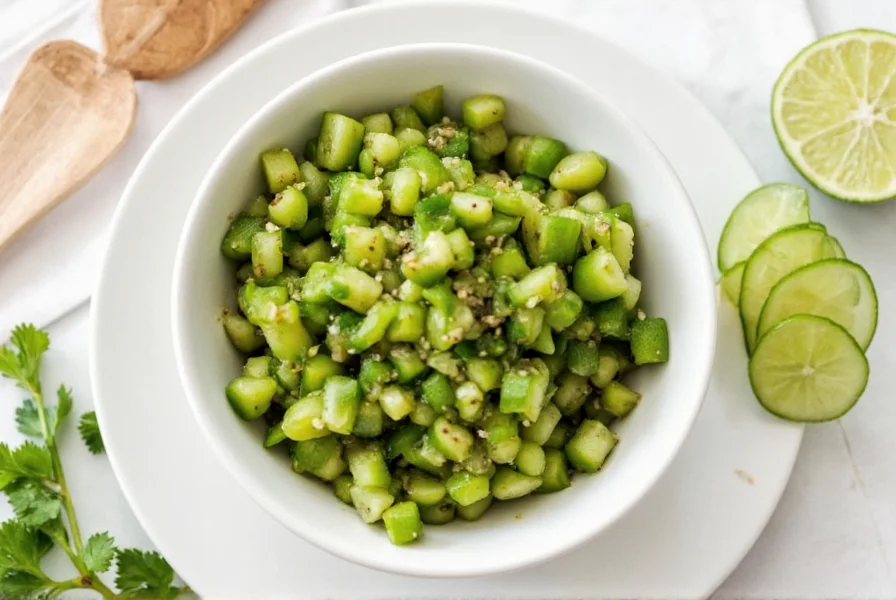 Freshly made cucumber relish in glass jar with ingredients arranged around it