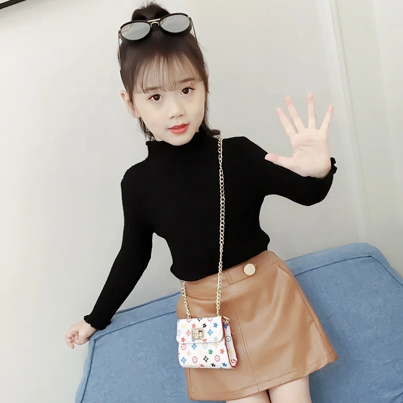 

New Spring New Arrival Girls Fashion Clothes Set 2 Pieces Suit Sweater Tops+pu Leather Skirt Kids Sets Girls Clothes 3-12 Years, Picture